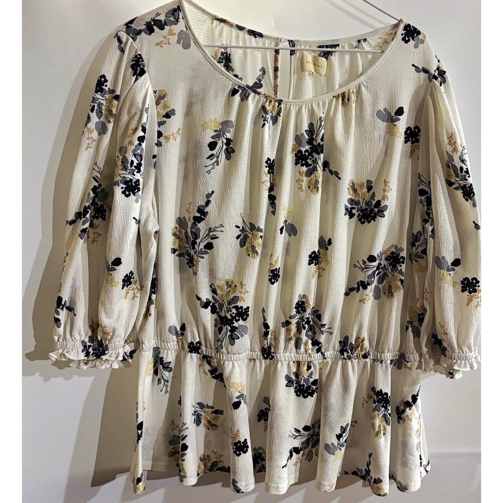 Melloday Women’s Blouse XL White/Black Floral Round Neck 3/4 Sleeve Peplum